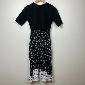 Maje Womens Floral Print Black Faux Wrap Midi Dress Size 2 Short Sleeve Side Zip